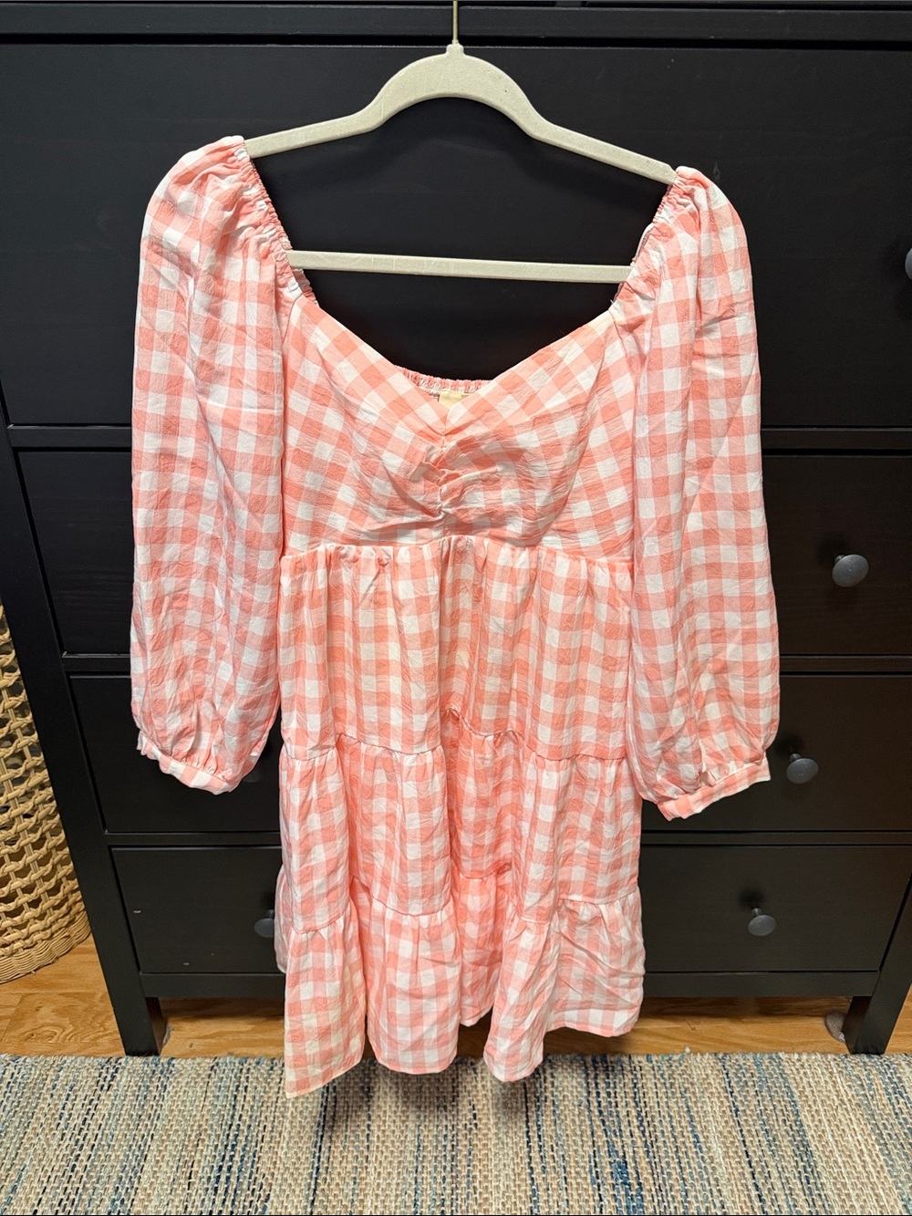 Pink Gingham Puff-Sleeve Tiered Dress